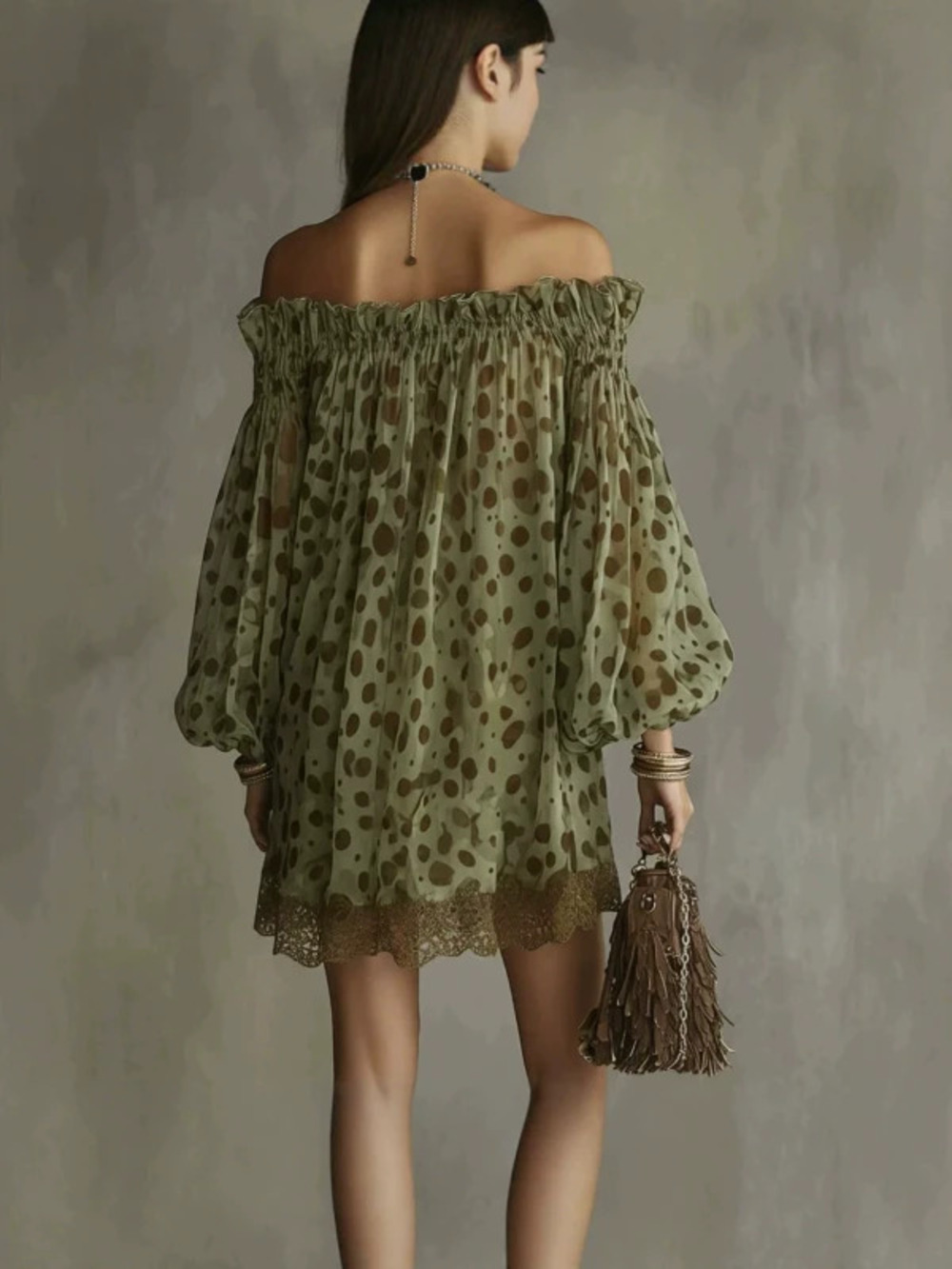 ZARA Off Shoulder Polka Dot Puff Sleeve Vintage Lace Hem Short Vacation Dress
